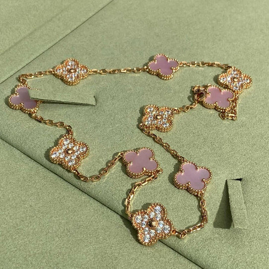 [OAKJURI Jewelry]CLOVER 10 MOTIFS DIAMOND PINK MOP NECKLACE