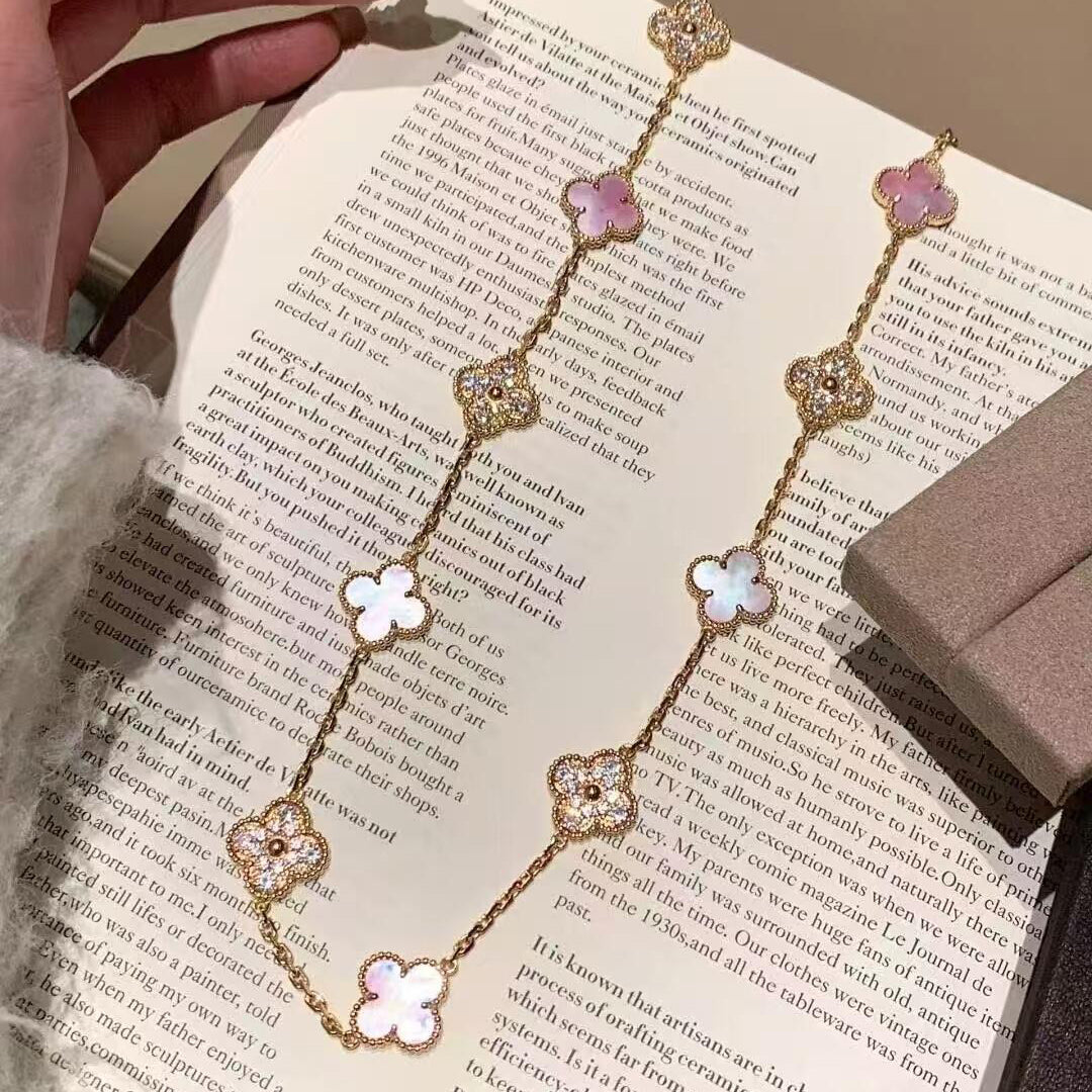 [OAKJURI Jewelry]CLOVER 20 MOTIFS DIAMOND PINK MOP NECKLACE