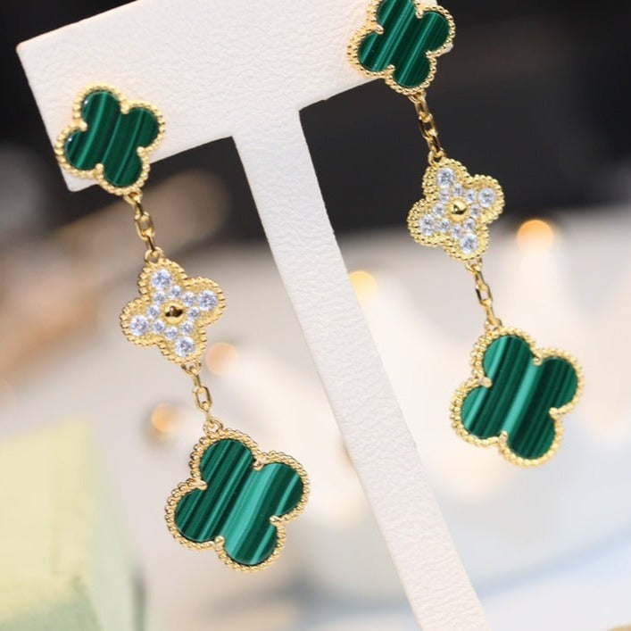 [OAKJURI Jewelry]CLOVER EARRINGS GOLD MALACHITE DIAMOND 3 MOTIF