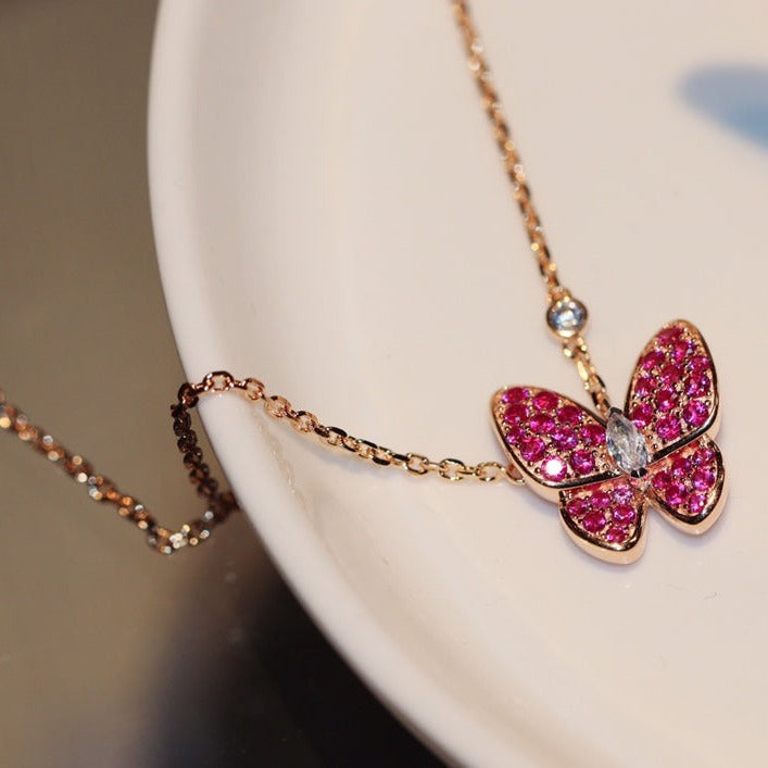[OAKJURI Jewelry]BUTTERFLY RED DIAMOND ROSE GOLD NECKLACE