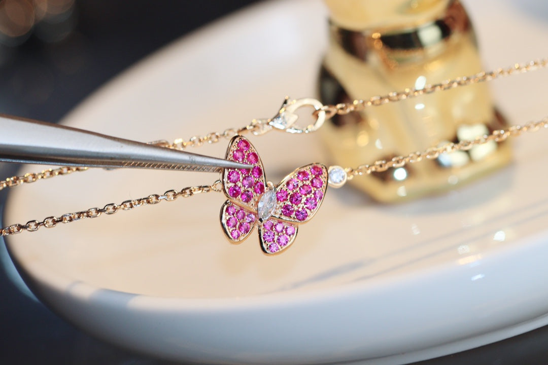 [OAKJURI Jewelry]BUTTERFLY RED DIAMOND ROSE GOLD NECKLACE