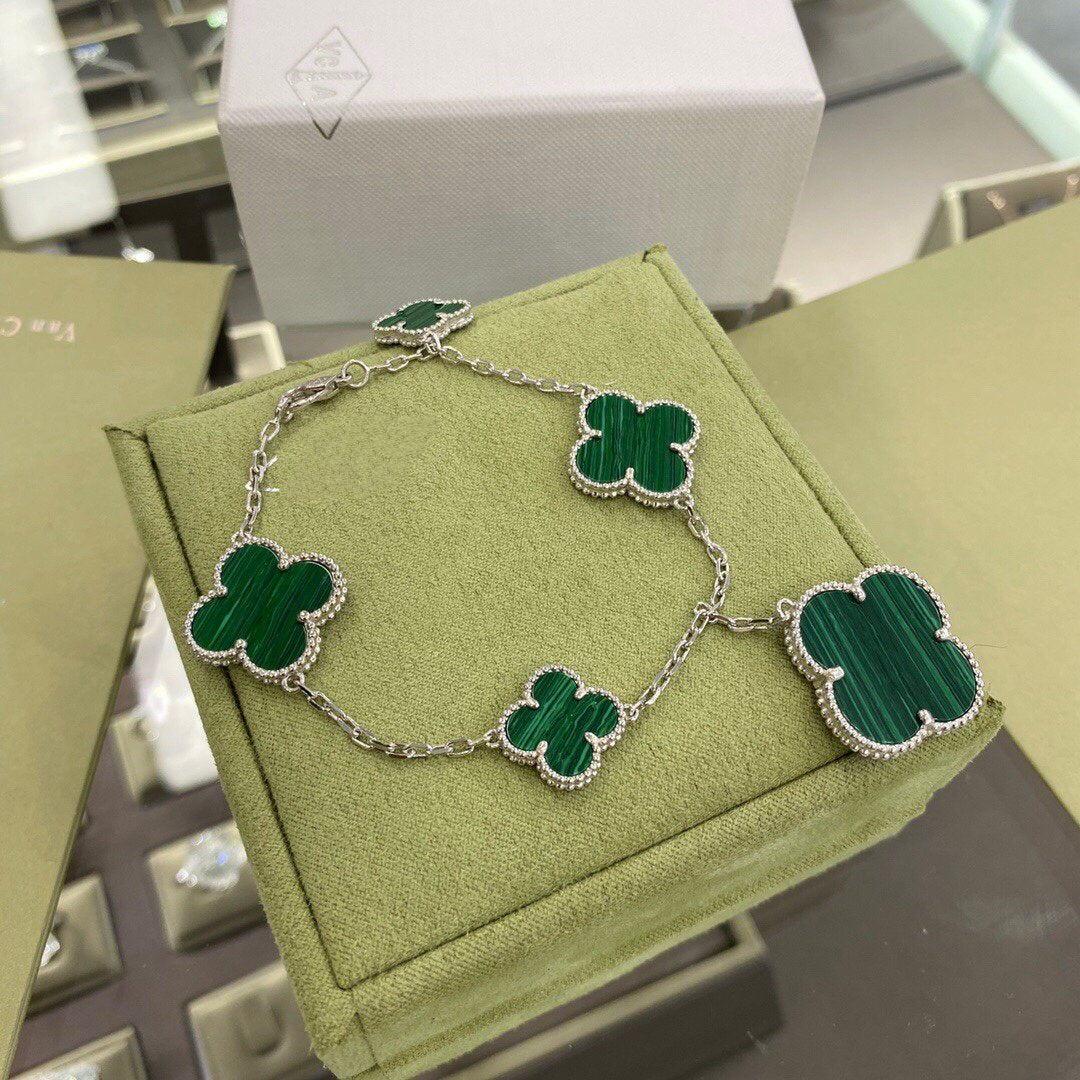 [OAKJURI Jewelry]CLOVER 5 MOTIFS SIVLER MALACHITE BRACELET