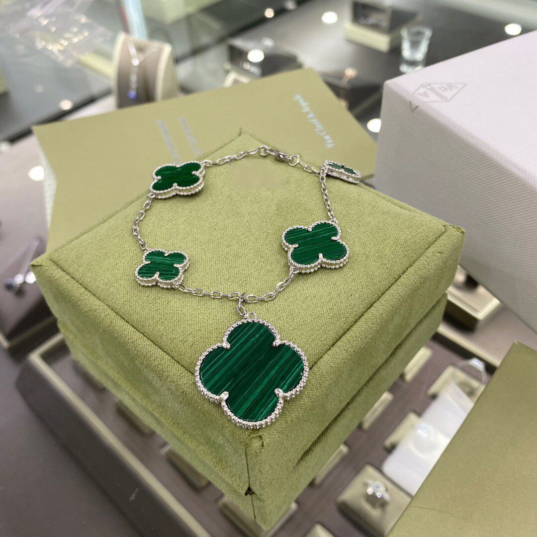 [OAKJURI Jewelry]CLOVER 5 MOTIFS SIVLER MALACHITE BRACELET