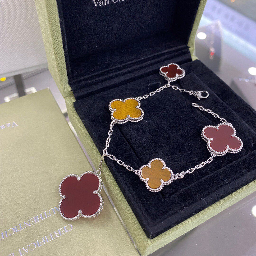 [OAKJURI Jewelry]CLOVER 5 MOTIFS SIVLER CARNELIAN TIGER EYE BRACELET