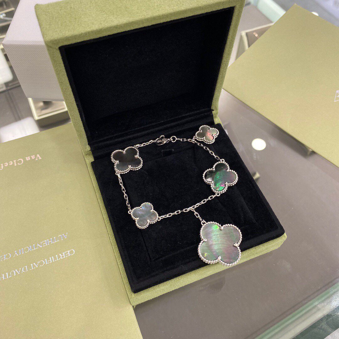 [OAKJURI Jewelry]CLOVER 5 MOTIFS SIVLER DARK MOP BRACELET