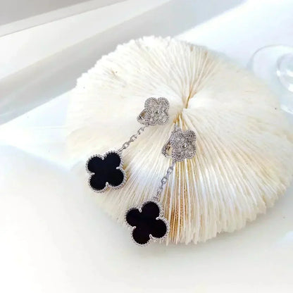 [OAKJURI Jewelry]CLOVER 2 MOTIFS  DIAMOND ONYX EARRINGS SILVER