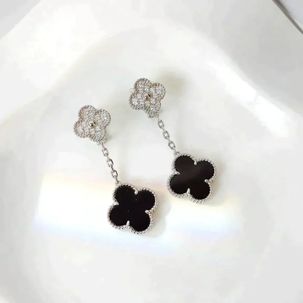 [OAKJURI Jewelry]CLOVER 2 MOTIFS  DIAMOND ONYX EARRINGS SILVER