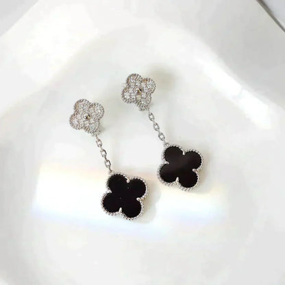 [OAKJURI Jewelry]CLOVER 2 MOTIFS  DIAMOND ONYX EARRINGS SILVER
