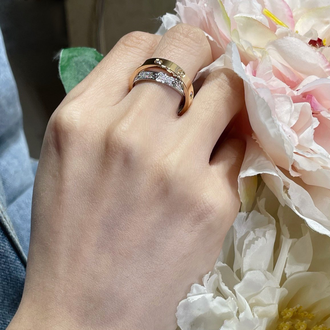 [OAKJURI Jewelry] LOVE PINK GOLD SILVER DIAMOND DOUBLE RING