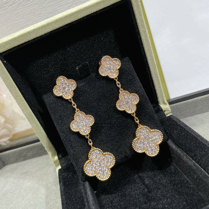 [OAKJURI Jewelry]CLOVER 3 MOTIFS DIAMOND PAVED ROSE GOLD EARRINGS
