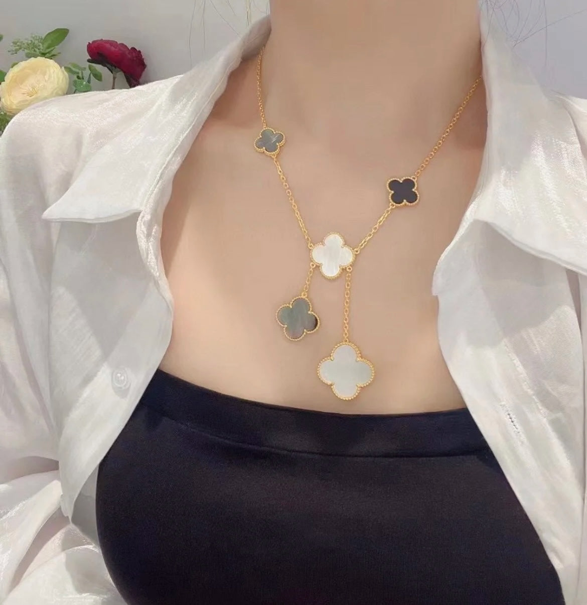 [OAKJURI Jewelry]CLOVER 6 MOTIF MOP ONYX GOLD NECKLACE