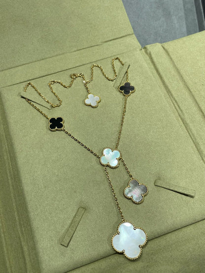 [OAKJURI Jewelry]CLOVER 6 MOTIF MOP ONYX GOLD NECKLACE