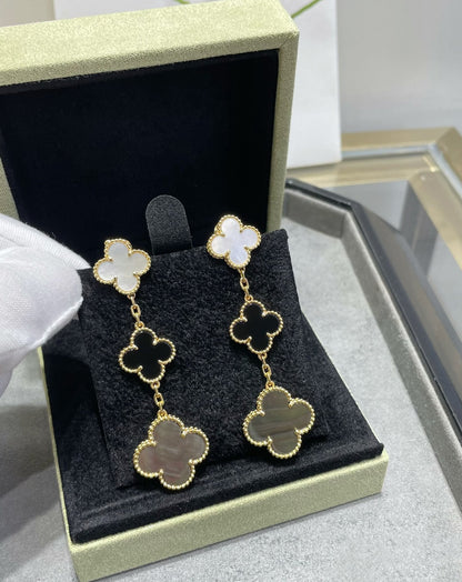 [OAKJURI Jewelry]CLOVER 3 MOTIF MOP ONYX DARK MOP PINK GOLD EARRINGS