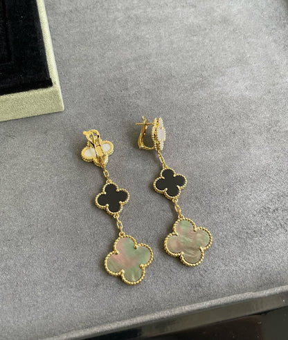 [OAKJURI Jewelry]CLOVER 3 MOTIF MOP ONYX DARK MOP PINK GOLD EARRINGS