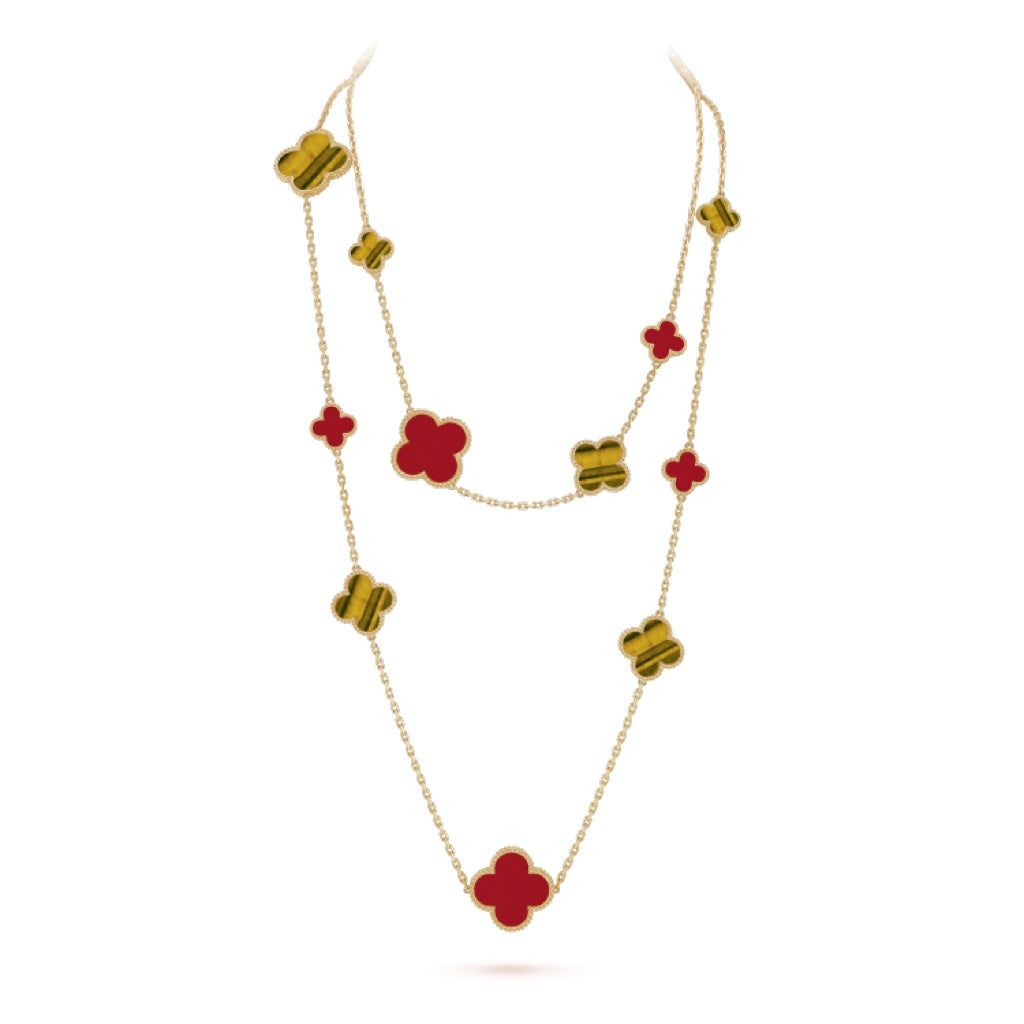 [OAKJURI Jewelry]CLOVER 16 MOTIF CARNELIAN TIGER EYE ROSE GOLD NECKLACE