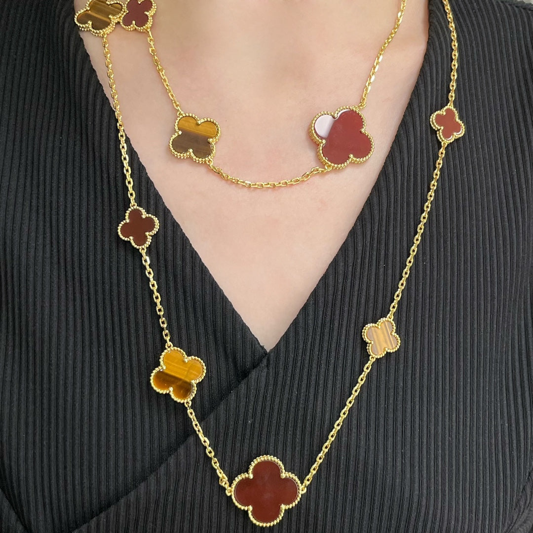 [OAKJURI Jewelry]CLOVER 16 MOTIF CARNELIAN TIGER EYE ROSE GOLD NECKLACE