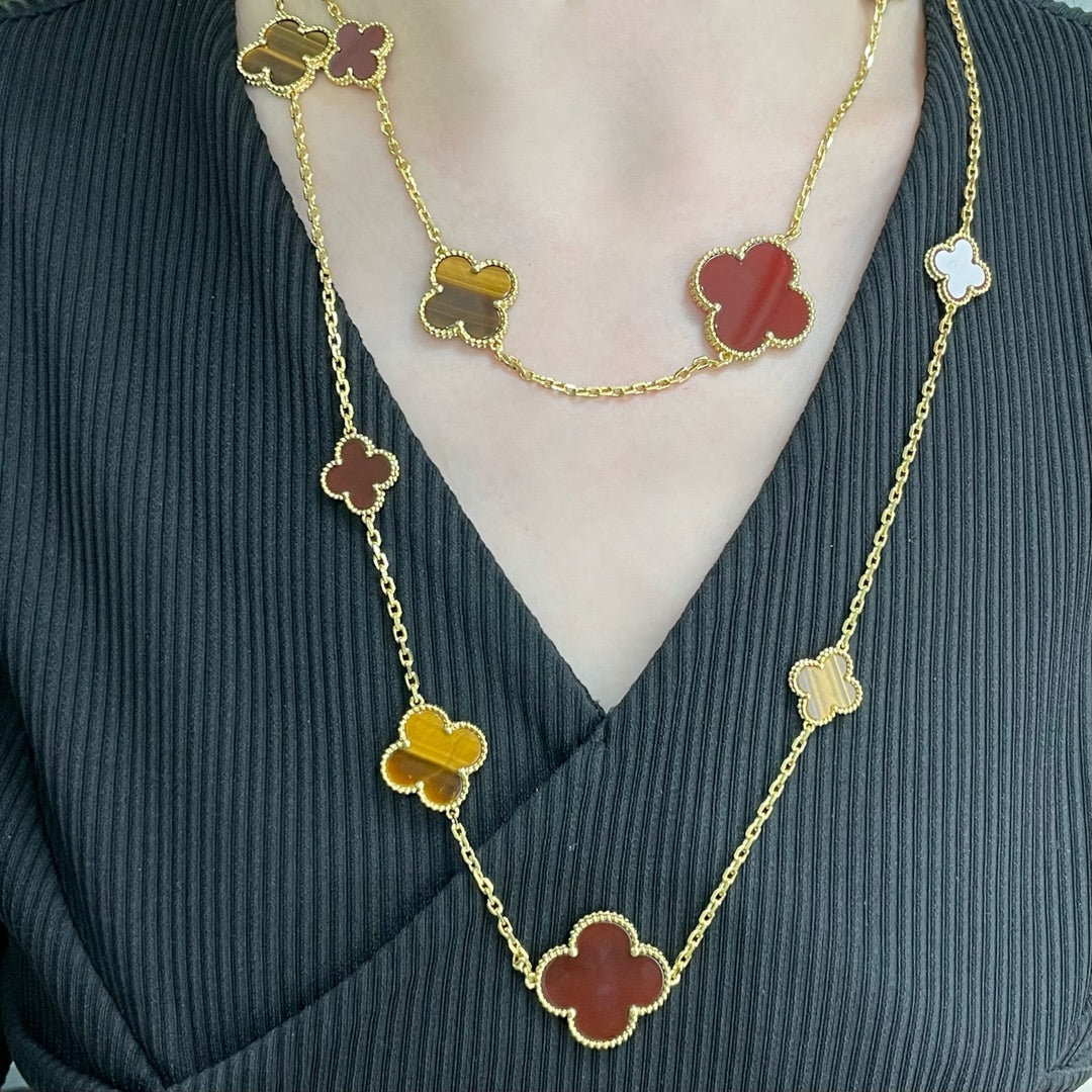 [OAKJURI Jewelry]CLOVER 16 MOTIF CARNELIAN TIGER EYE ROSE GOLD NECKLACE
