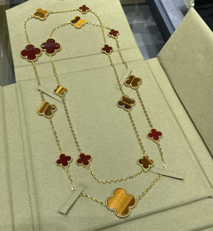 [OAKJURI Jewelry]CLOVER 16 MOTIF CARNELIAN TIGER EYE ROSE GOLD NECKLACE