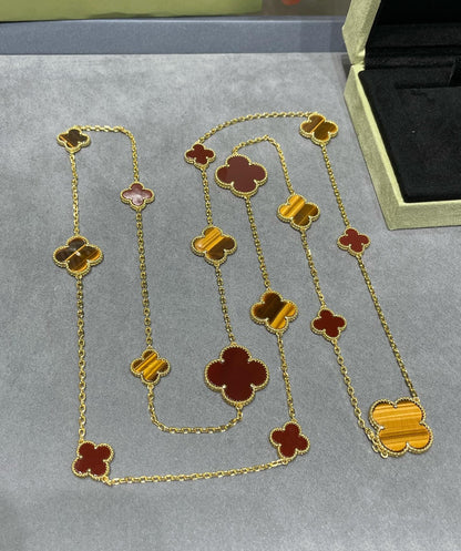 [OAKJURI Jewelry]CLOVER 16 MOTIF CARNELIAN TIGER EYE ROSE GOLD NECKLACE