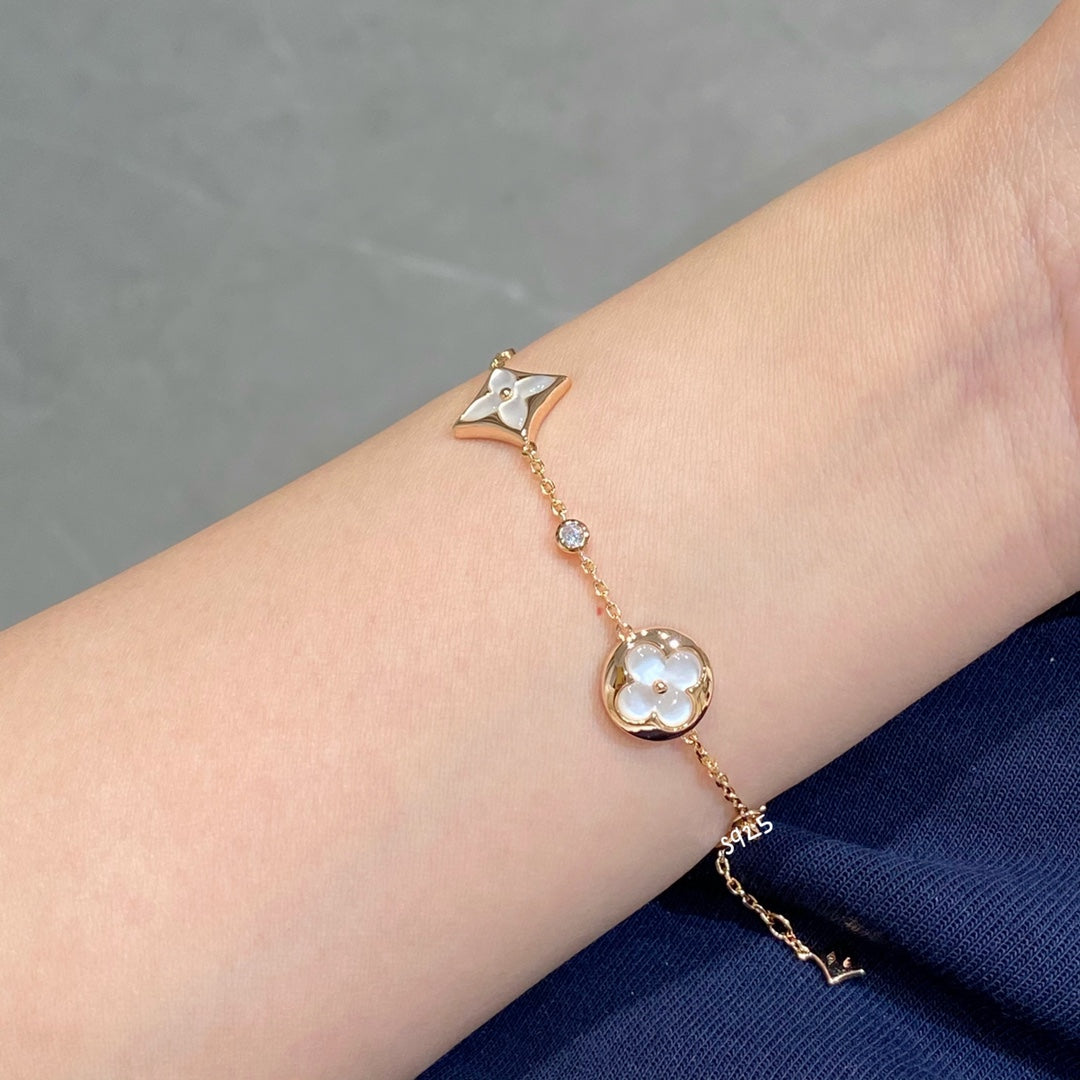 [OAKJURI Jewelry]STAR AND SUN 4 MOTIF WHITE MOP PINK GOLD BRACELET