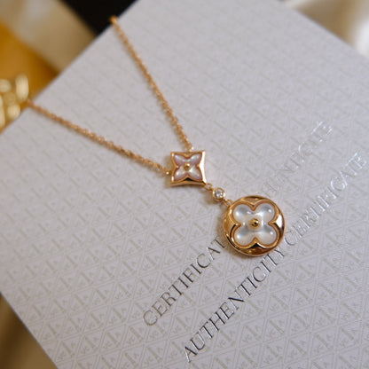 [OAKJURI Jewelry]STAR AND SUN WHITE MOP 2 MOTIF PINK GOLD NECKLACE