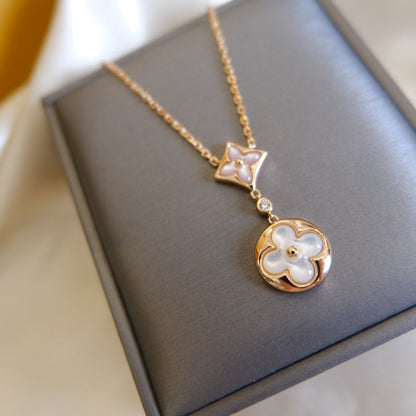[OAKJURI Jewelry]STAR AND SUN WHITE MOP 2 MOTIF PINK GOLD NECKLACE