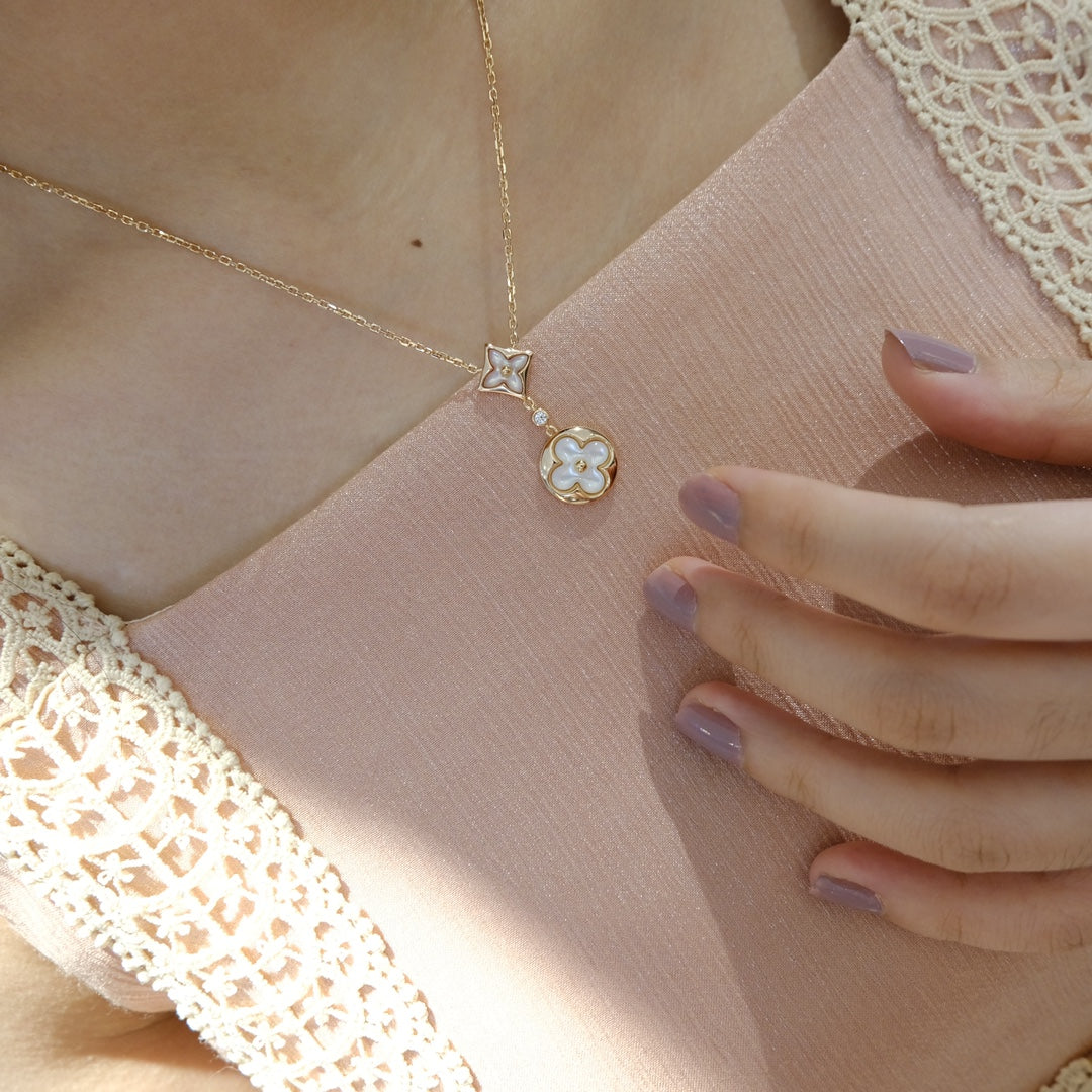 [OAKJURI Jewelry]STAR AND SUN WHITE MOP 2 MOTIF PINK GOLD NECKLACE