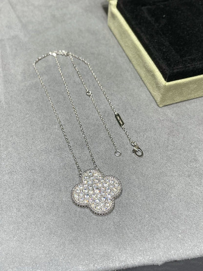 [OAKJURI Jewelry]CLOVER 25MM LARGE PENDANT DIAMOND PAVED SILVER NECKLACE