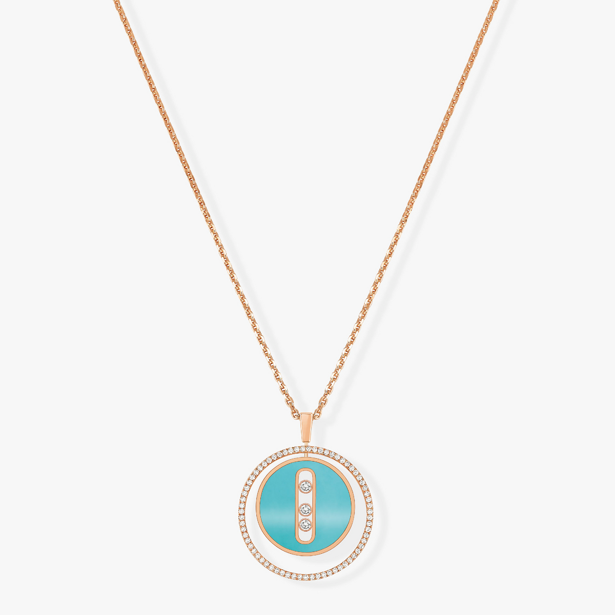 [OAKJURI Jewelry]LUCKY MOVE 3 DIAMONDS TURQUOISE PINK GOLD DIAMOND NECKLACE