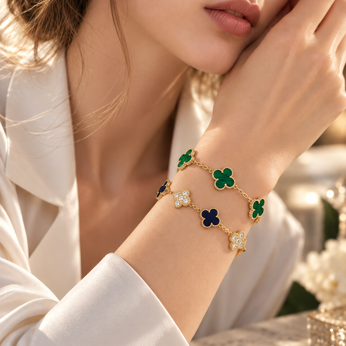 [OAKJURI Jewelry]Clover 5-Motif Malachite & Pietersite Bracelet Stack Set