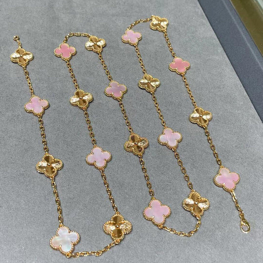 [OAKJURI Jewelry]CLOVER 20 MOTIFS LASER PINK MOP NECKLACE