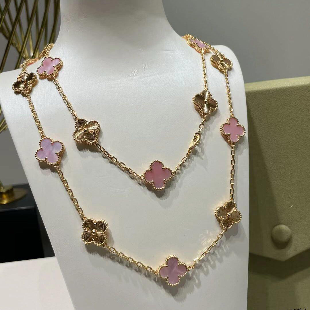 [OAKJURI Jewelry]CLOVER 20 MOTIFS LASER PINK MOP NECKLACE