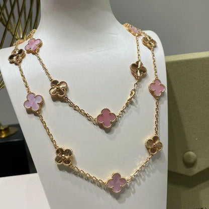 [OAKJURI Jewelry]CLOVER 20 MOTIFS LASER PINK MOP NECKLACE