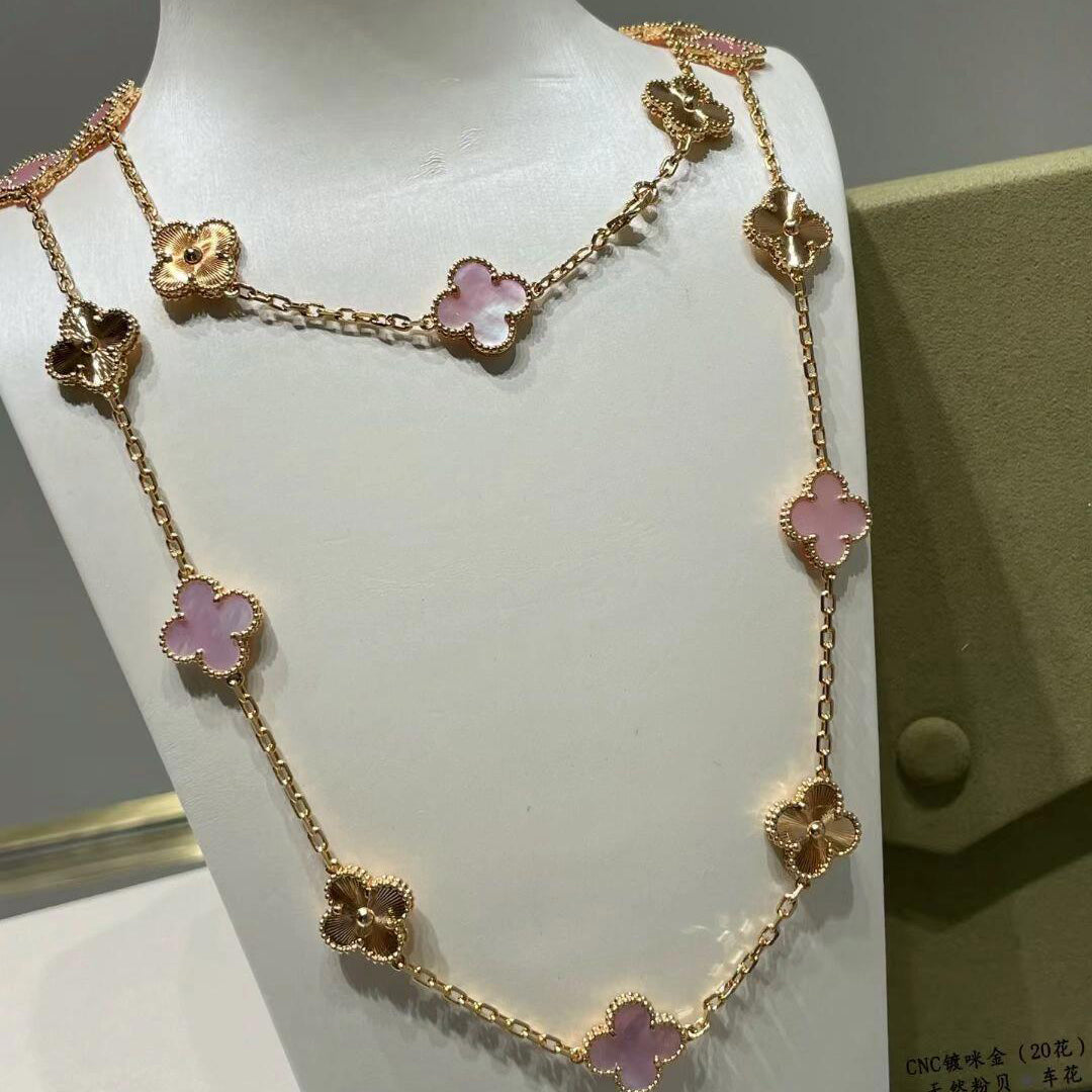 [OAKJURI Jewelry]CLOVER 20 MOTIFS LASER PINK MOP NECKLACE