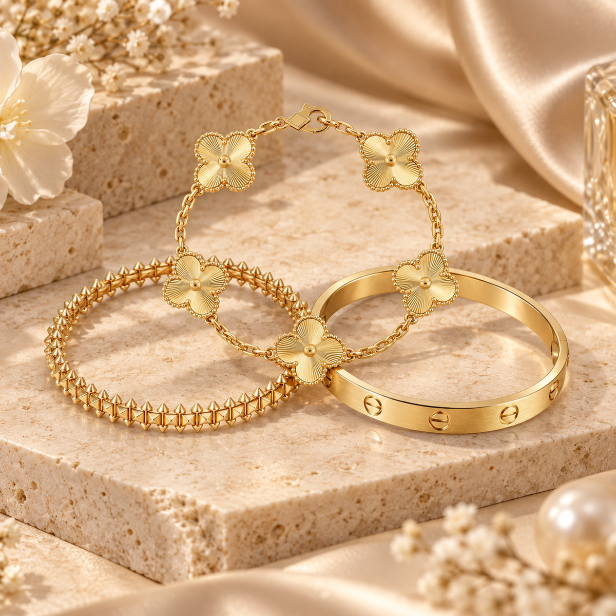 [OAKJURI Jewelry] CLASH & Clover Laser 5-Motif & LOVE Brushed Bracelet Stack Set