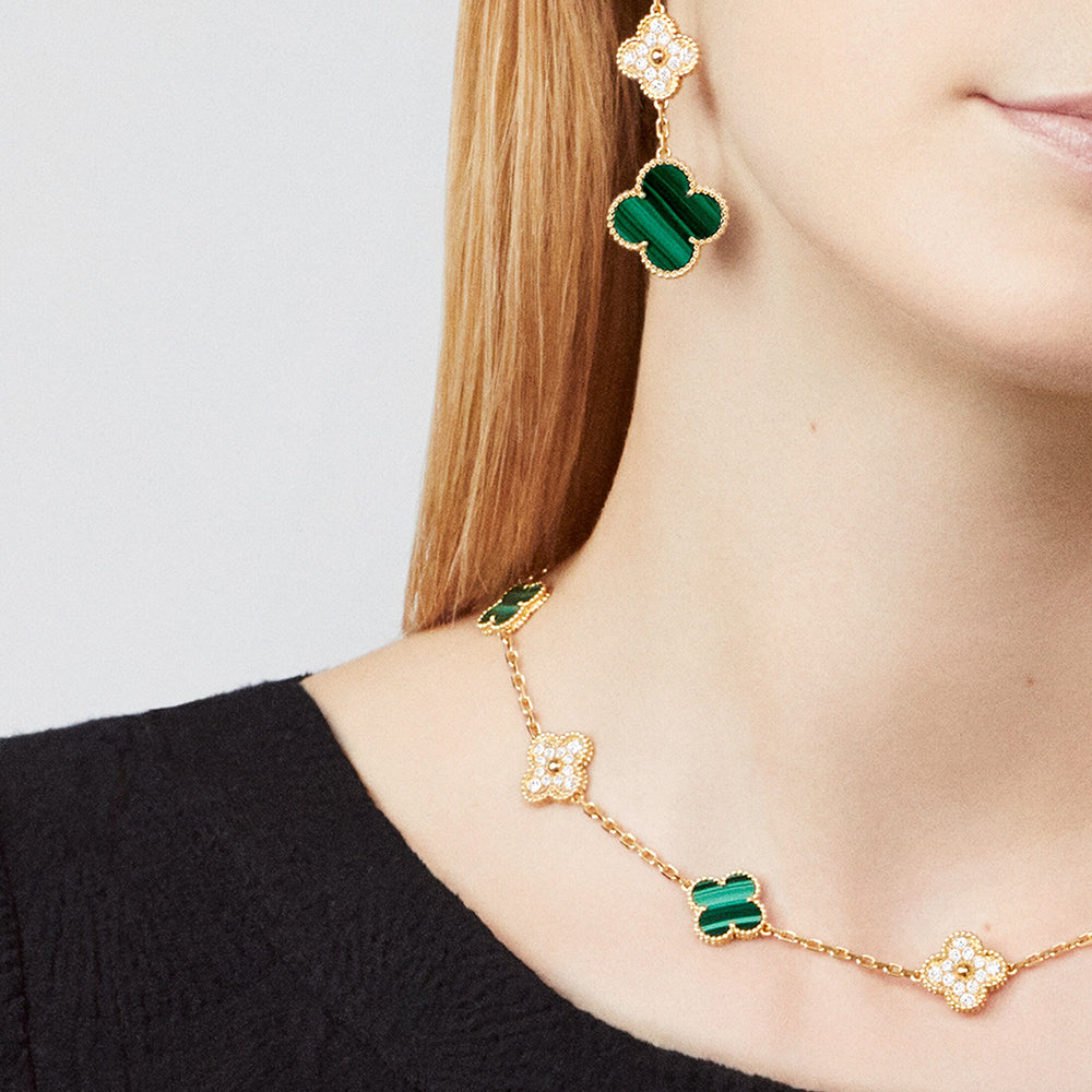 [OAKJURI Jewelry]CLOVER 10 MOTIFS MALACHITE DIAMOND NECKLACE