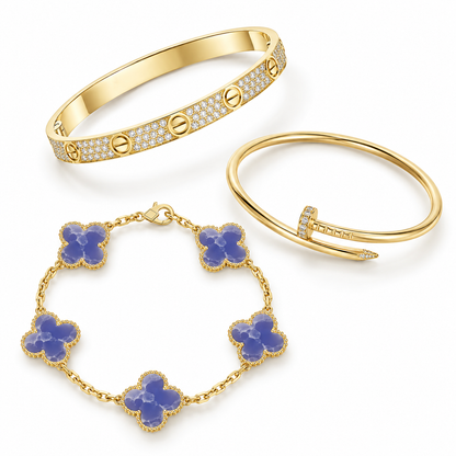 [OAKJURI Jewelry] LOVE & JUSTE & Blue Veins Clover 5-Motif Diamond Bracelet Stack Set