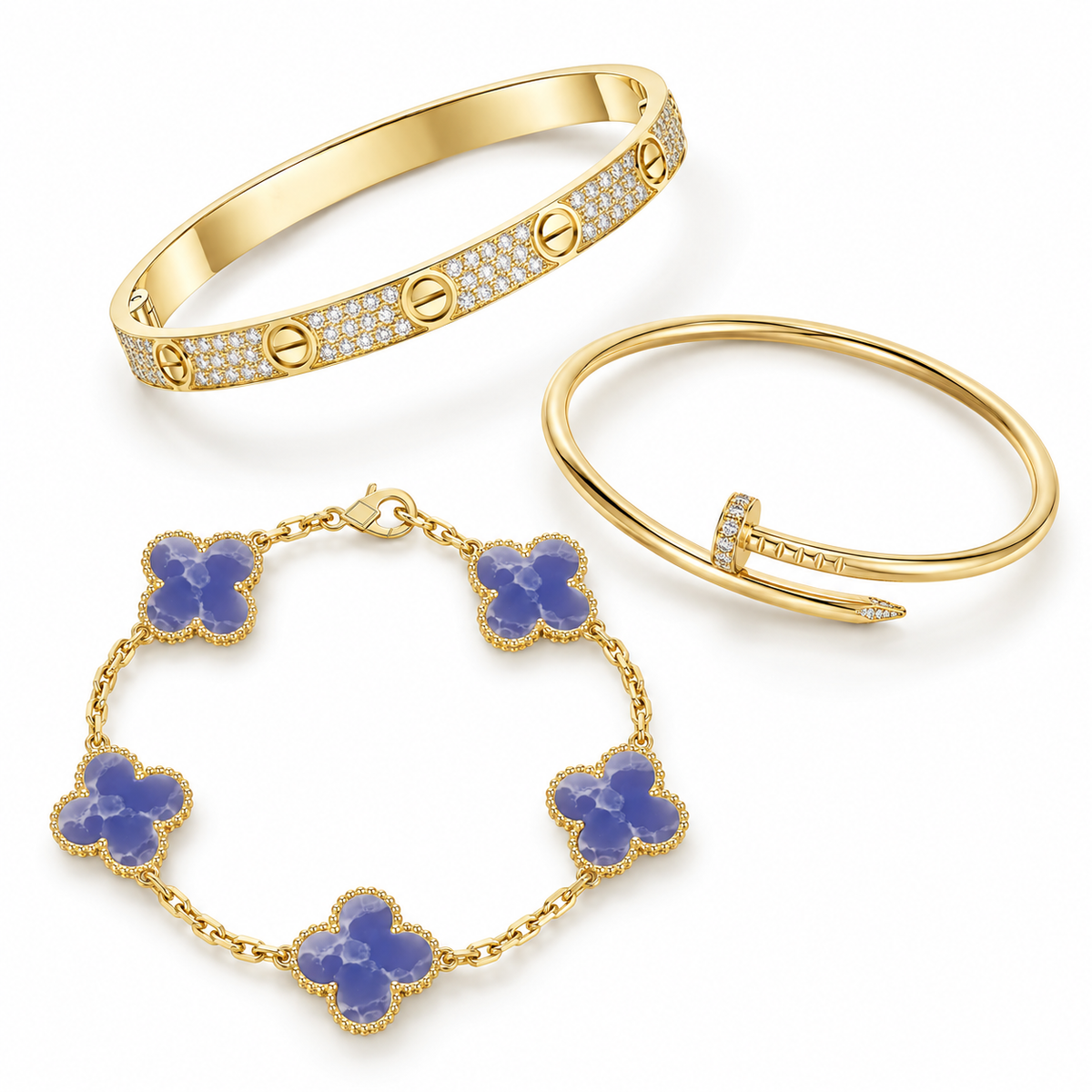 [OAKJURI Jewelry] LOVE & JUSTE & Blue Veins Clover 5-Motif Diamond Bracelet Stack Set