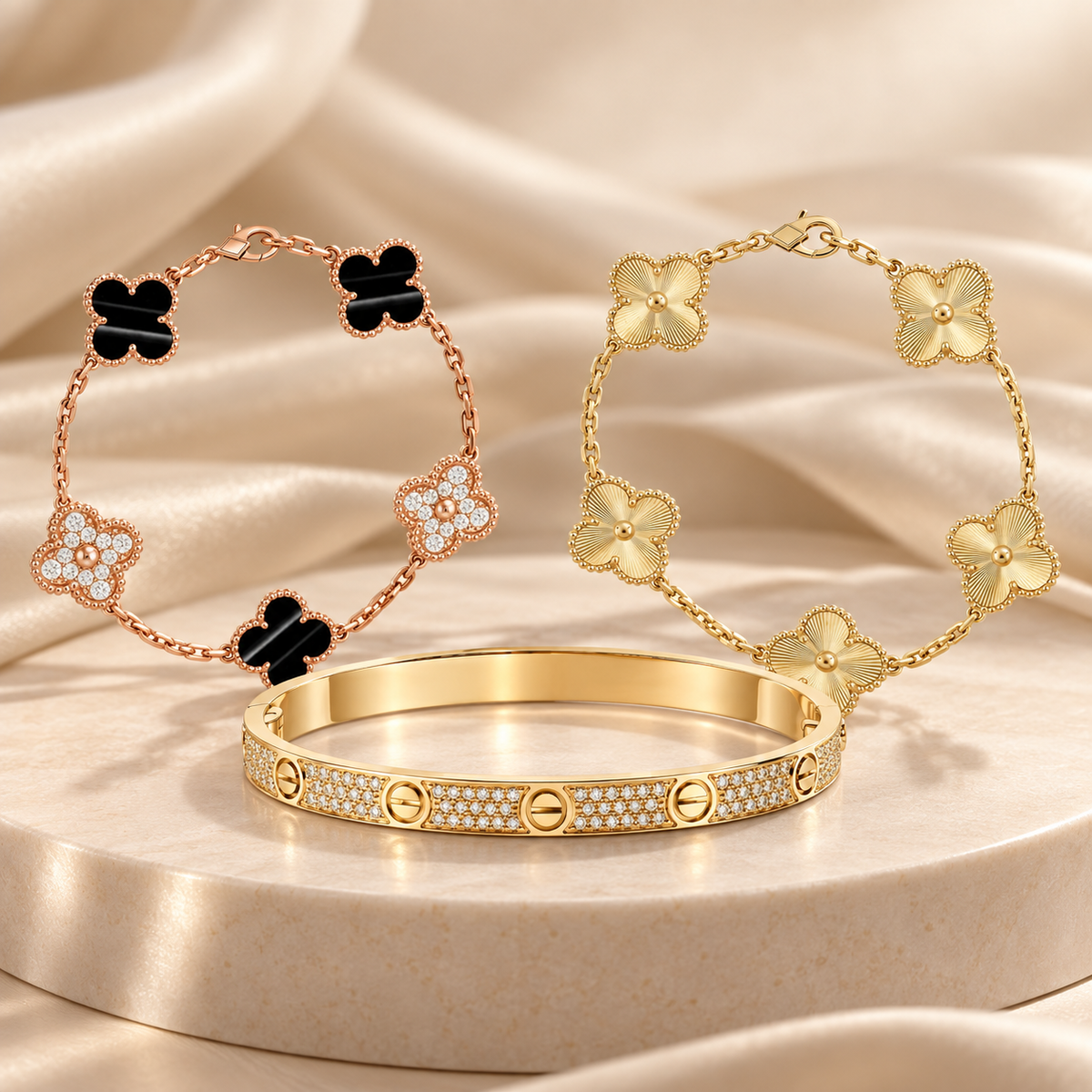 [OAKJURI Jewelry]Clover Laser  Pulsar Stone 5-Motif & LOVE Diamond-Paved Bracelet Stack Set