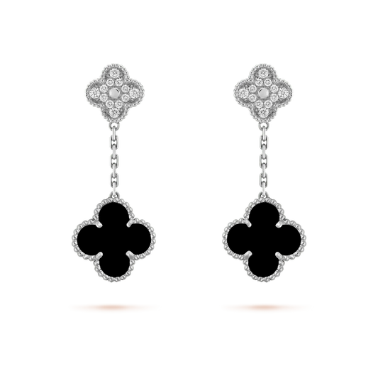 [OAKJURI Jewelry]CLOVER 2 MOTIFS  DIAMOND ONYX EARRINGS SILVER