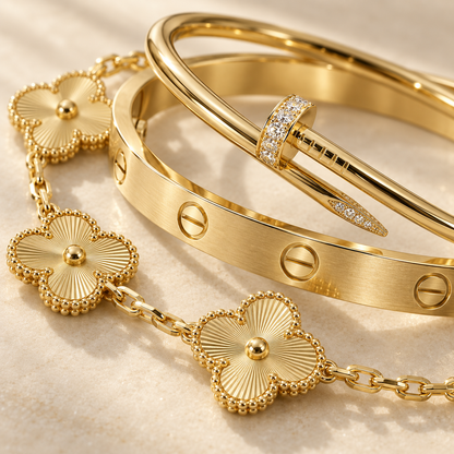 [OAKJURI Jewelry] Clover & Love & Juste 3-Piece Gold Bracelet Stack Set