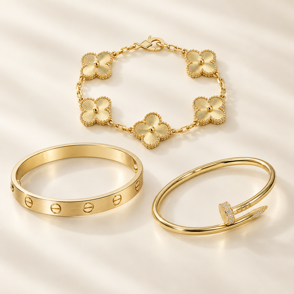 [OAKJURI Jewelry] Clover & Love & Juste 3-Piece Gold Bracelet Stack Set