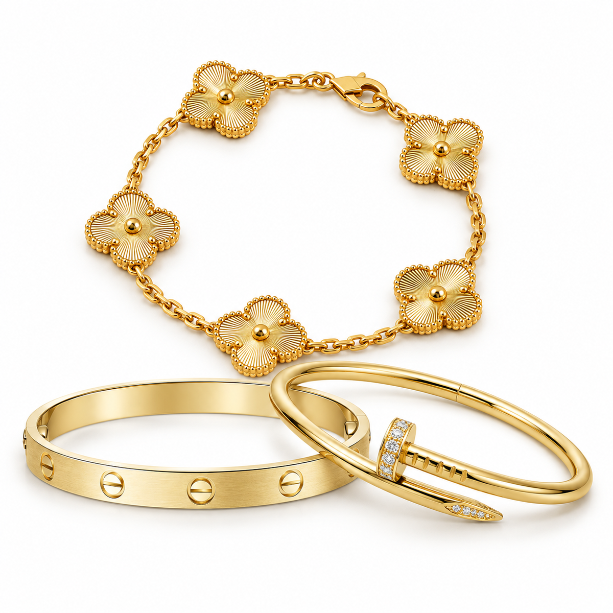 [OAKJURI Jewelry] Clover & Love & Juste 3-Piece Gold Bracelet Stack Set