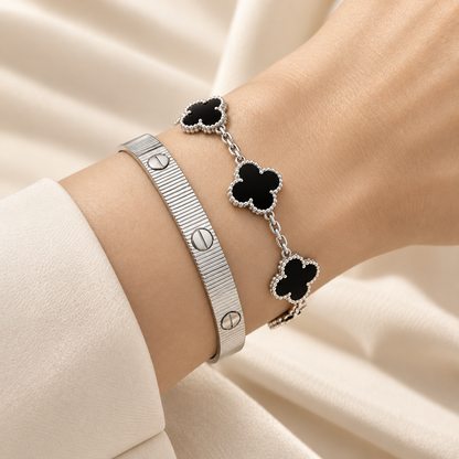 [OAKJURI Jewelry]Clover & Love Sliver 2-Piece Bracelet Stack Set