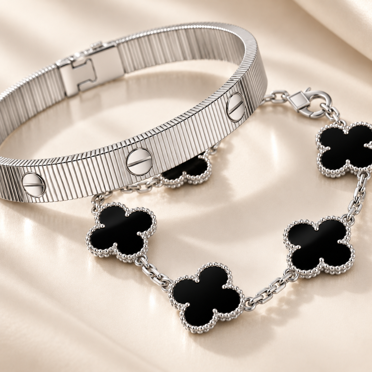 [OAKJURI Jewelry]Clover & Love Sliver 2-Piece Bracelet Stack Set