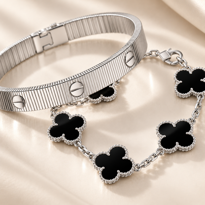 [OAKJURI Jewelry]Clover & Love Sliver 2-Piece Bracelet Stack Set