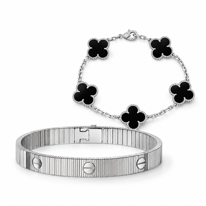 [OAKJURI Jewelry]Clover & Love Sliver 2-Piece Bracelet Stack Set