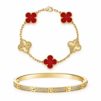 [OAKJURI Jewelry]Clover & Love Diamond-Paved Radiant Line 2-Piece Bracelet Stack Set