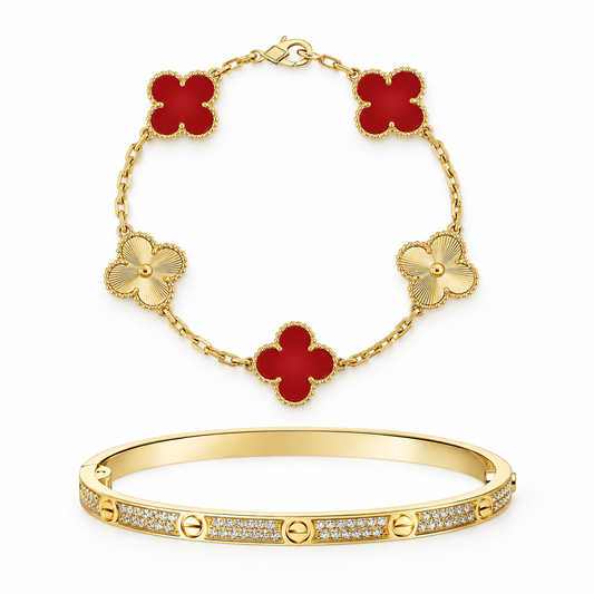 [OAKJURI Jewelry]Clover & Love Diamond-Paved Radiant Line 2-Piece Bracelet Stack Set