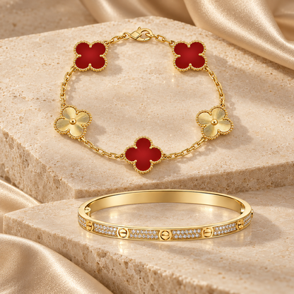 [OAKJURI Jewelry]Clover & Love Diamond-Paved Radiant Line 2-Piece Bracelet Stack Set